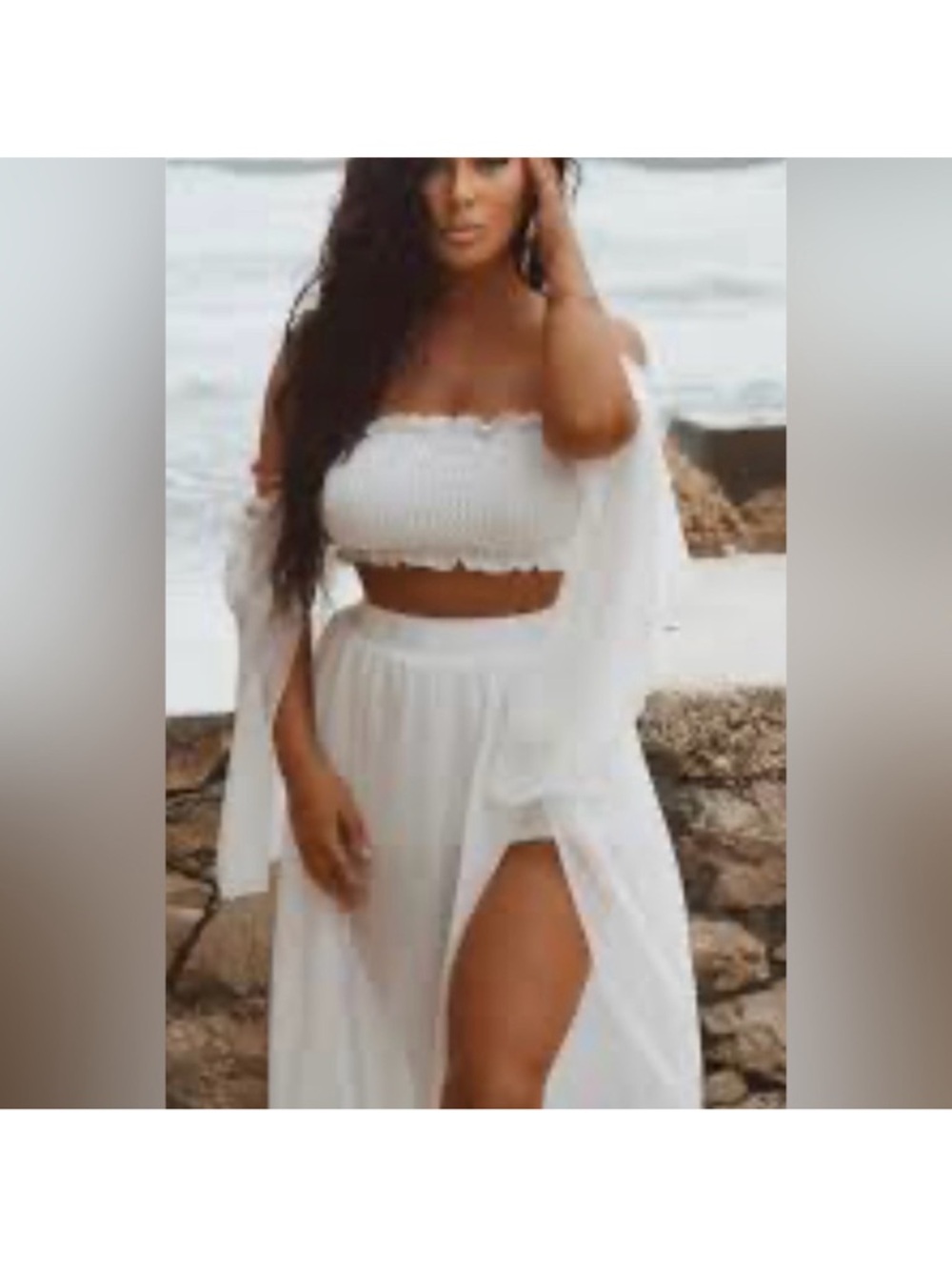 White Two-Piece Off-Shoulder Crop Top and High-Slit Skirt Set